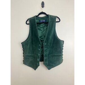 Beyond Leather Vintage Western Suede Vest Medium Green Whipstitch Lace Up Side